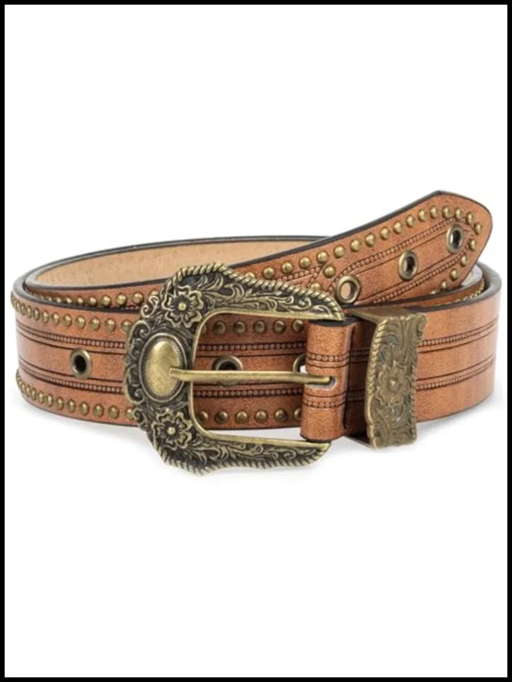 Women's Western PU Leather Belt with Carved Buckle